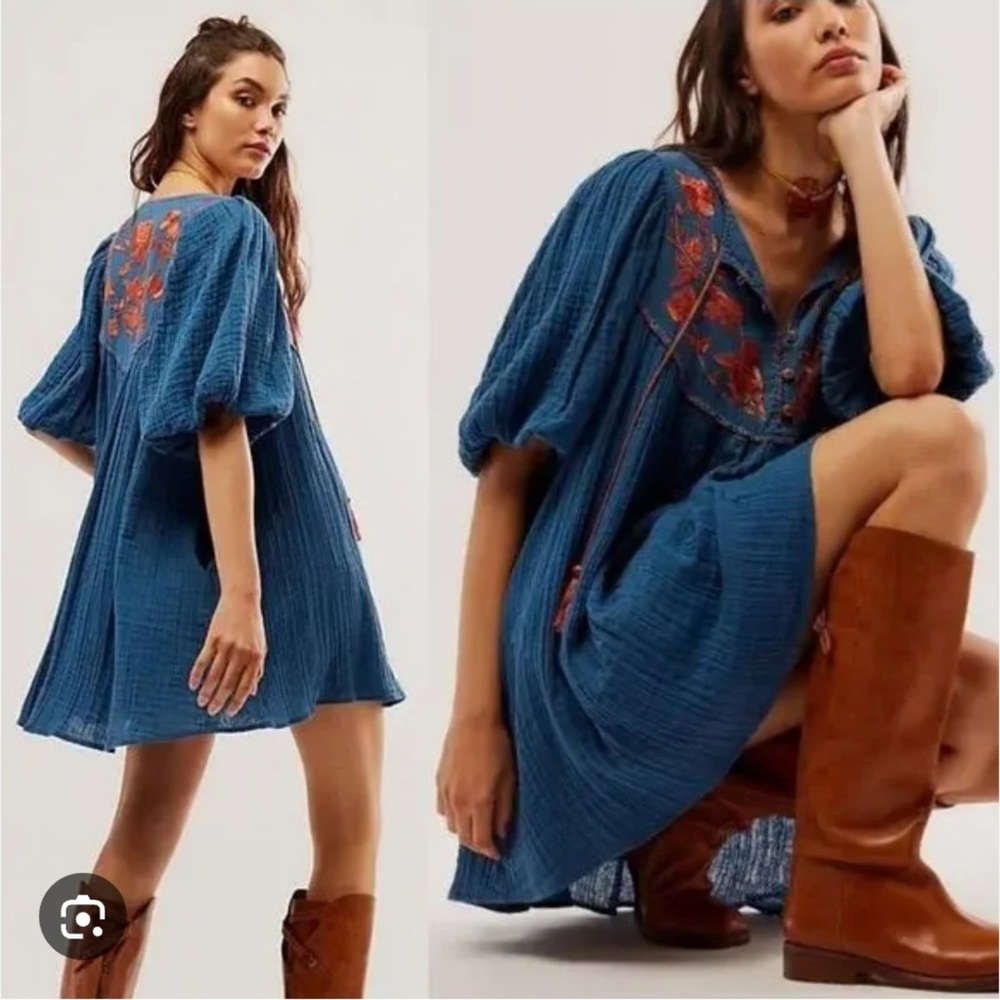 Free People Teal Dress with Coral Stitching